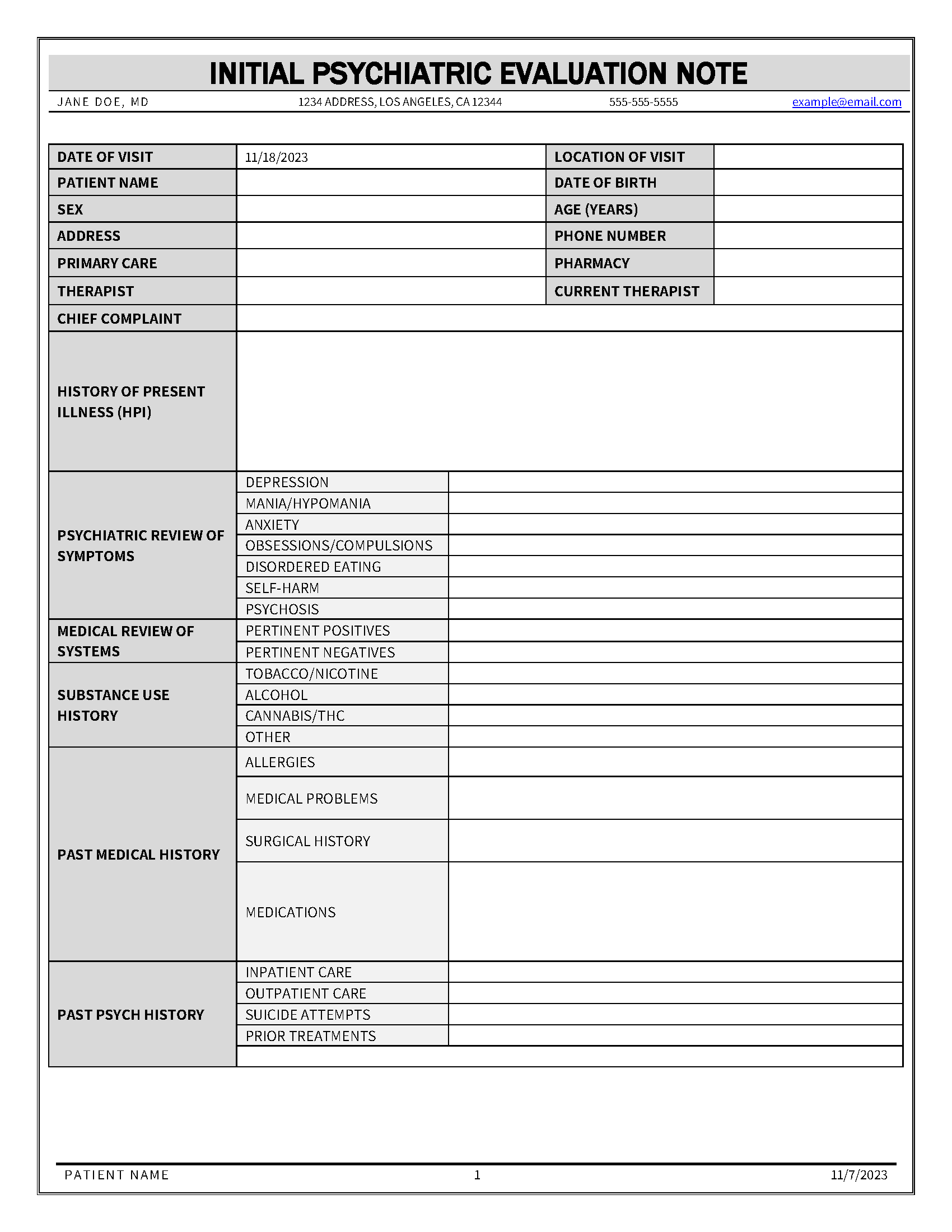 Initial psychiatric evaluation note template
